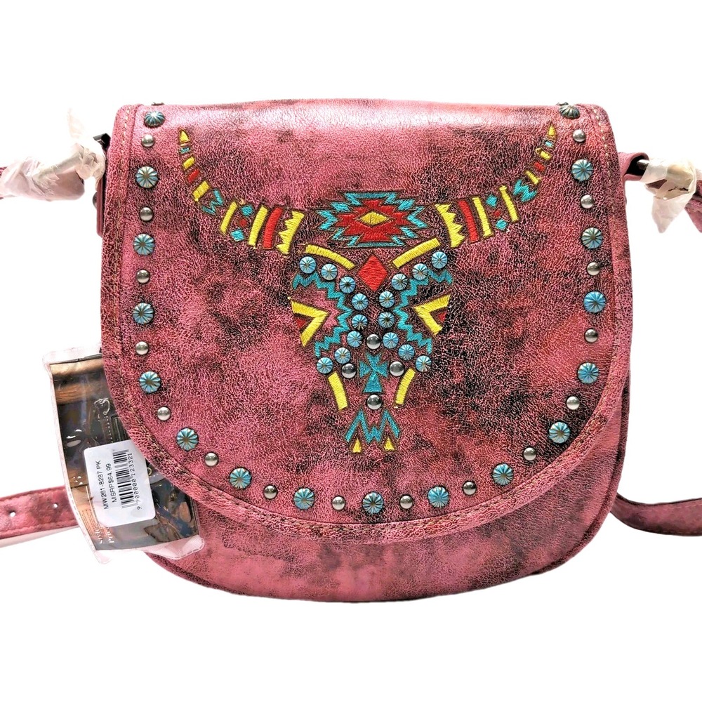 NWT‎ Montana West Western Crossbody Saddle Bag Pink Embroidered Longhorn Studded